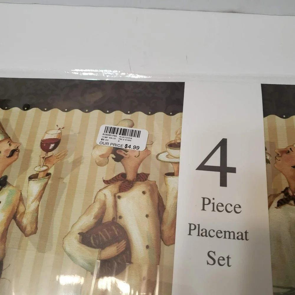Fat Chef Placemats, Set of 4, Bistro Cook Mediterranean, Foam-backed Vinyl NWT
